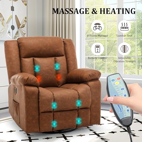 Rocker Recliner Chair, Glider Recliner Chairs for Adults, 360° Swivel Recliner with Massage and Heating