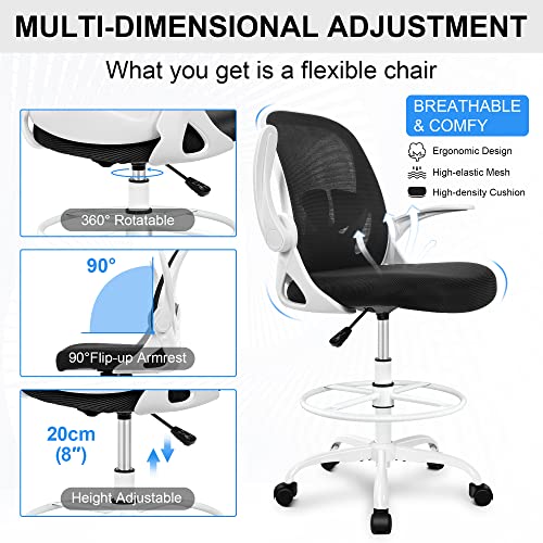 Primy Drafting Chair Tall Office Chair with Flip-up Armrests Executive Ergonomic Computer Standing Desk Chair with Lumbar Support and Adjustable