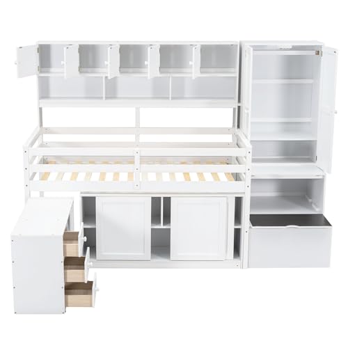 Harper & Bright Designs Full Size Loft Bed with Wardrobe, Wooden Full Loft Bed Frame Big Storage with Under-Bed Desk, Drawers and Shelves, Gray
