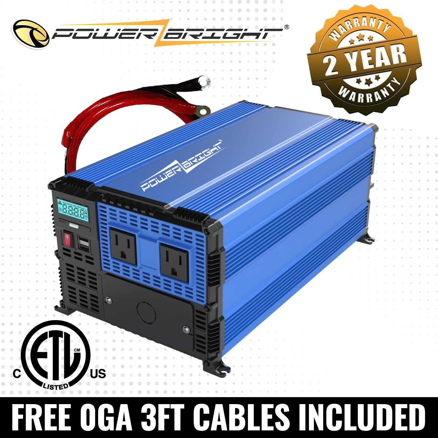 PowerBright 3000 Watts Power Inverter 12V to 110V, Modified Sine Wave Car Inverter, Dual 110 Volt AC Outlets, Hardwire Kit