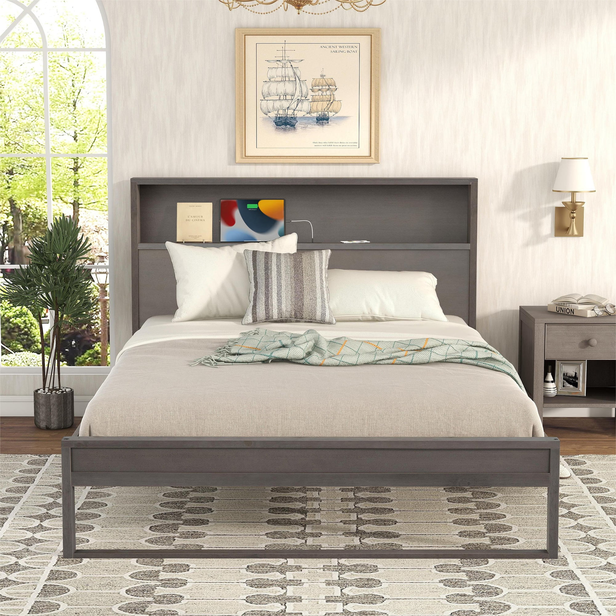Bellemave Queen Bed with Storage Bookcase Headboard, Solid Wood Queen Size Platform Beds Frame with USB Ports & Outlets