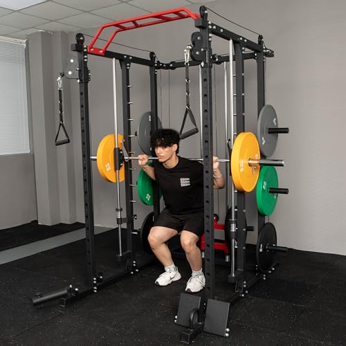 Fitness Deep Squat Machine with Cable Crossover System and Multi-Function Squat Rack Power Cage for Home Gym.