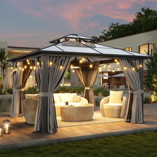 Aoxun 12'x10' Hardtop Gazebo, Aluminum Frame Permanent Pavilion with Curtains and Netting, Outdoor Polycarbonate Double Roof Canopy