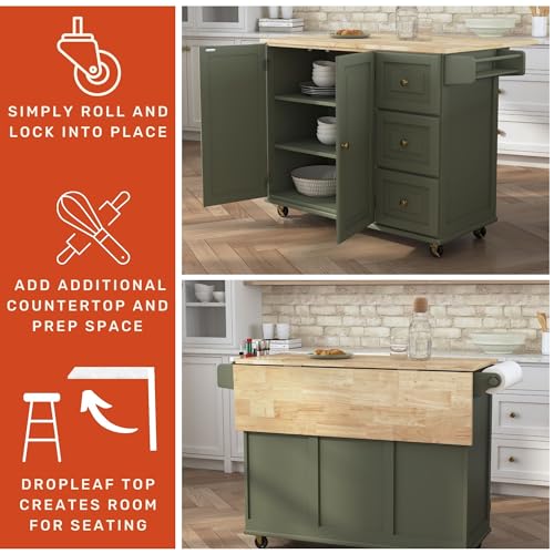 Homestyles Dolly Madison Off-White Mobile Kitchen Island Cart with Wood Drop Leaf Breakfast Bar