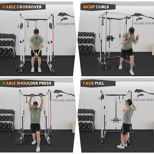 GaveeLife Power Cage, 2000 LBS Power Rack with Cable Cross-Over System, Multi-Functional Strength Training Squat Rack with LAT Pull Down System