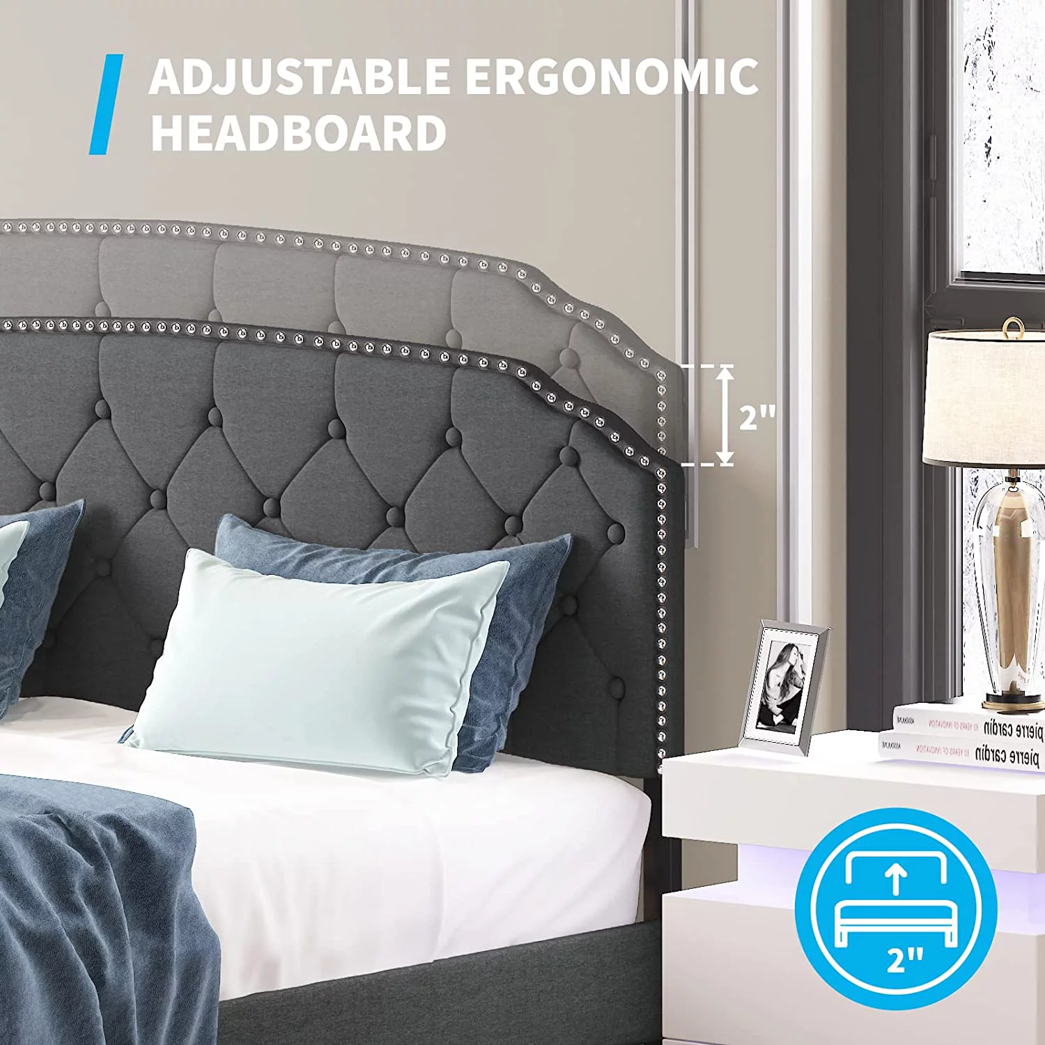 Mjkone Queen Size Platform Bed Frame with Diamond Button Tufted Upholstered Headboard,Stylish Modern Soft Bed Frame with Sturdy Wood Slat Support