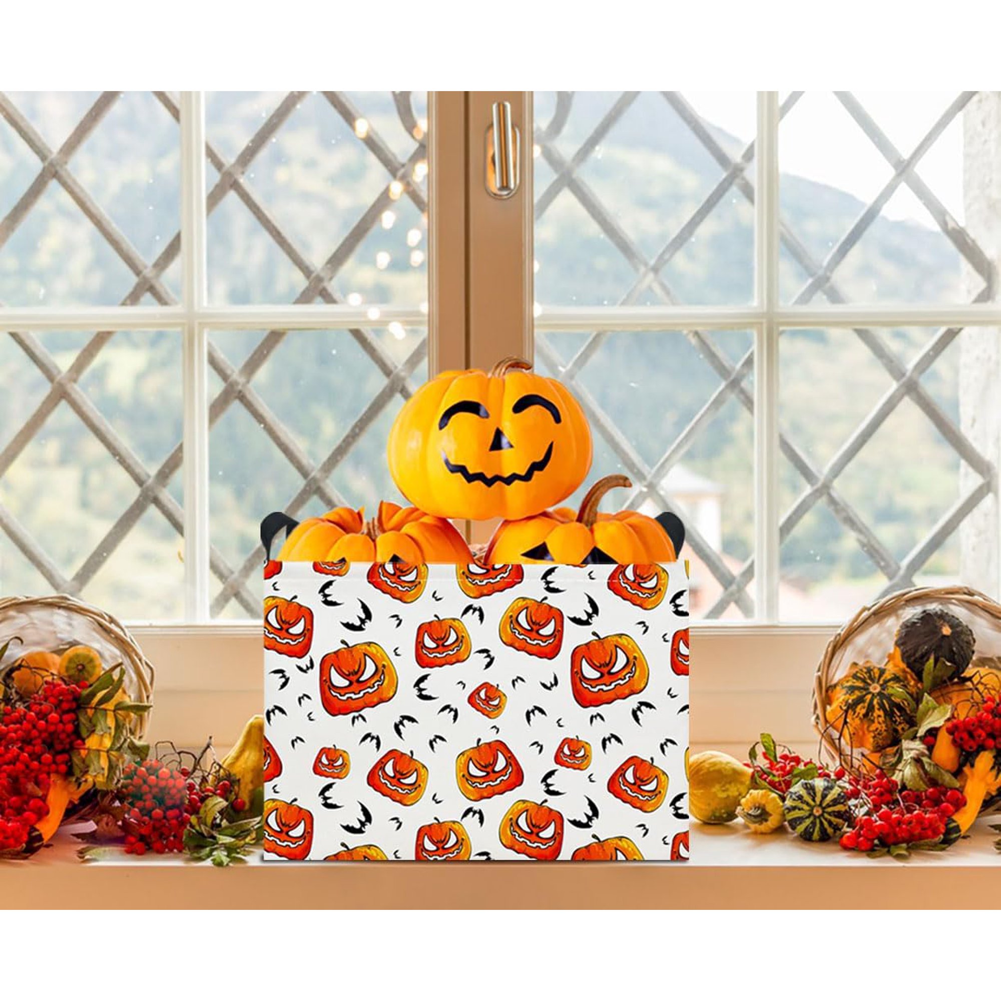 Rectangle Storage Basket with Handles,Collapsible Storage Bin,Books Box,Gift Basket(Pumpkin Halloween)