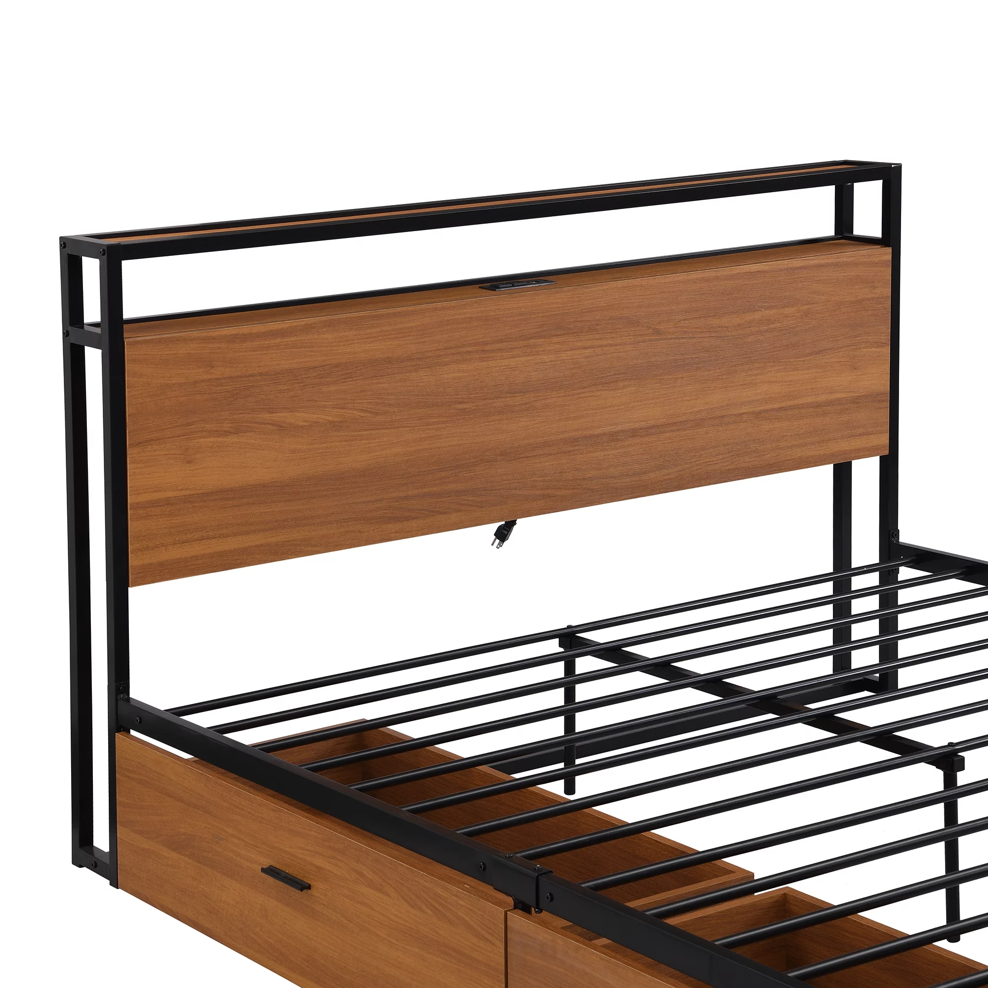 BTMWAY Metal Queen Bed Frame, Queen Size Platform Bed Frames with Wood Headboard, 2 Drawers, Sockets and USB Ports for Bedroom, No Box Spring Needed