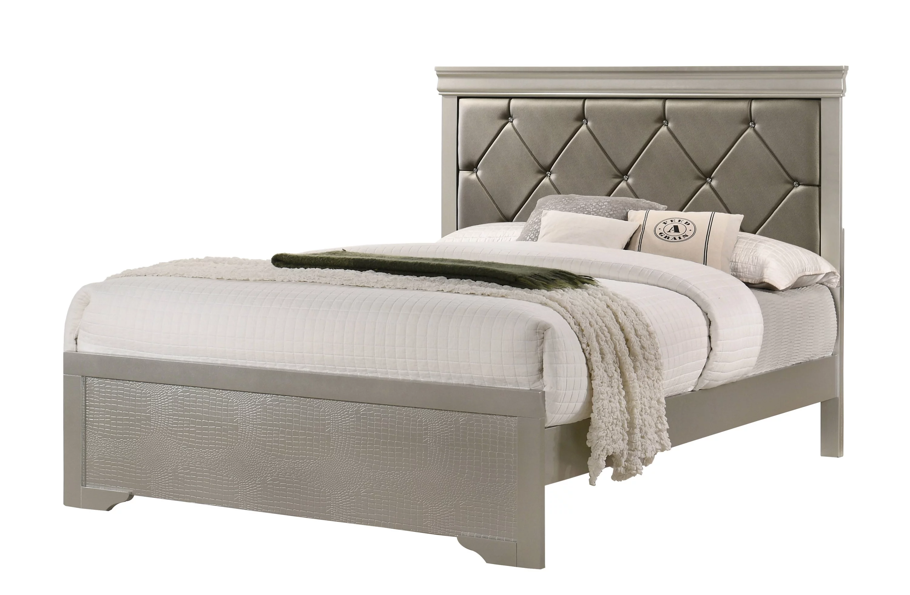 3Pc Silver Finish Queen Size Panel Upholstered Button Tufted Headboard Bed Nightstand Set Wooden Bedroom Furniture