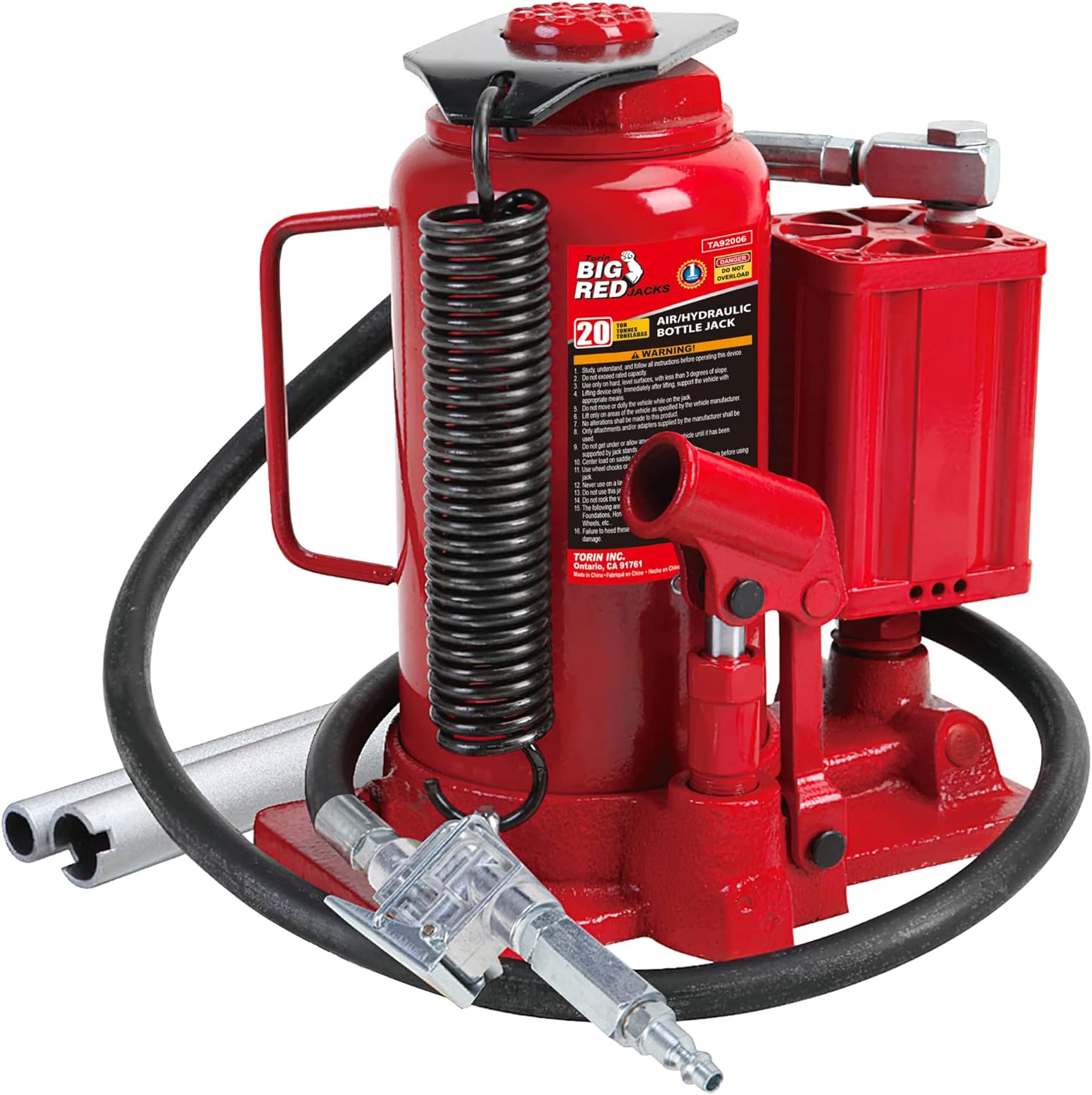 BIG RED TA92006 Torin Pneumatic Air Hydraulic Bottle Jack with Manual Hand Pump, 20 Ton (40,000 lb) Capacity, Red