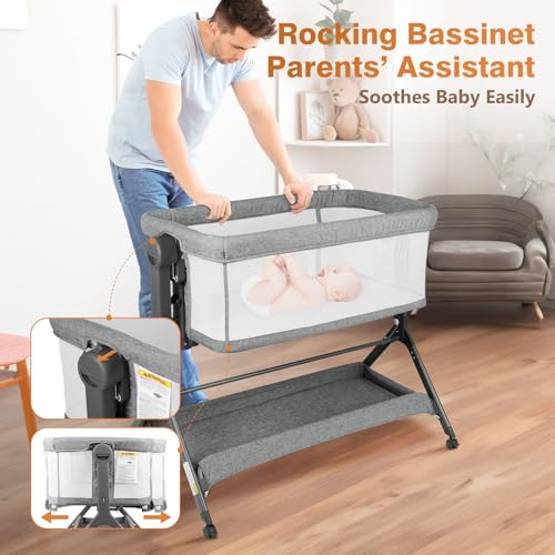 3-in-1 Baby Bassinet, Bedside Bassinet Sleeper, Rocking Bassinet with Comfy Mattress&Breathable Mesh, 6-Height Adjustable