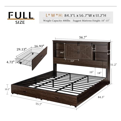 VanAcc Full Size Bed Frame, Wooden Platform Storage Bed with 51.2" Bookcase Headboard, 2 Drawers