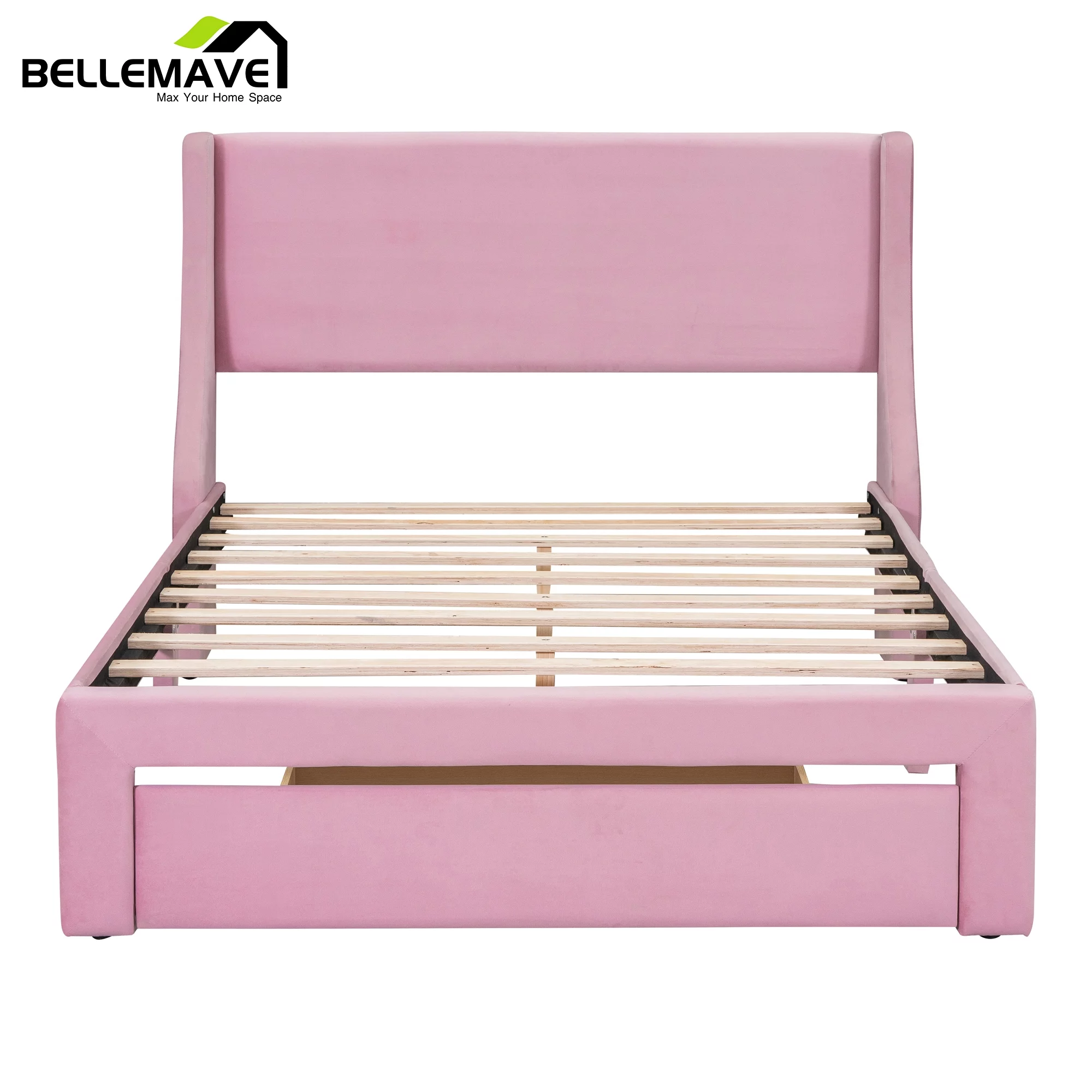 Bellemave Full Size Pink Velvet Upholstered Platform Bed with One Spacious Drawer and Wood Slats