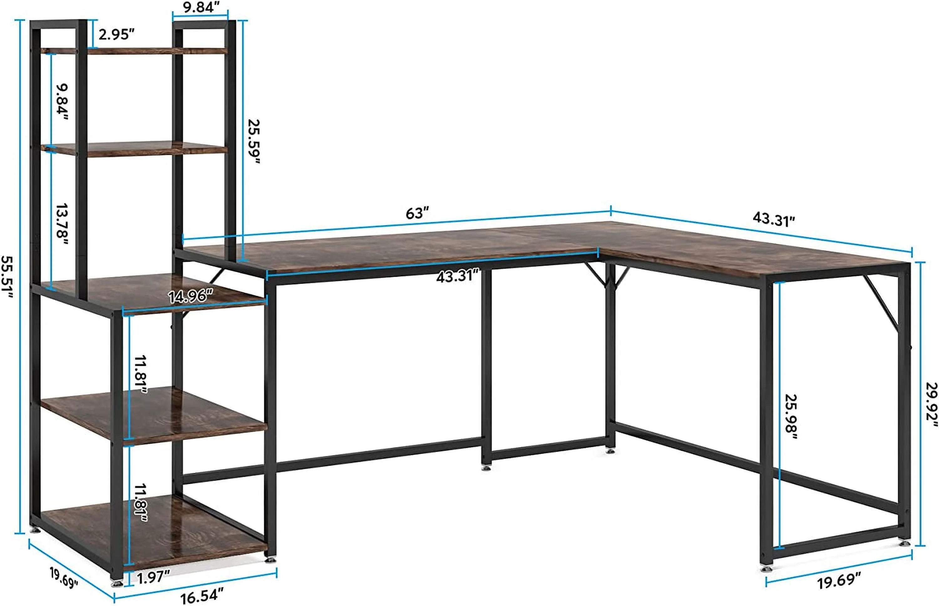 HJZBNONE 79 Inch Reversible L-Shaped Desk  Industrial Large Corner Desk with 5 Tier  Shelves  Large L Desk Home Office Desk Computer Table Writing