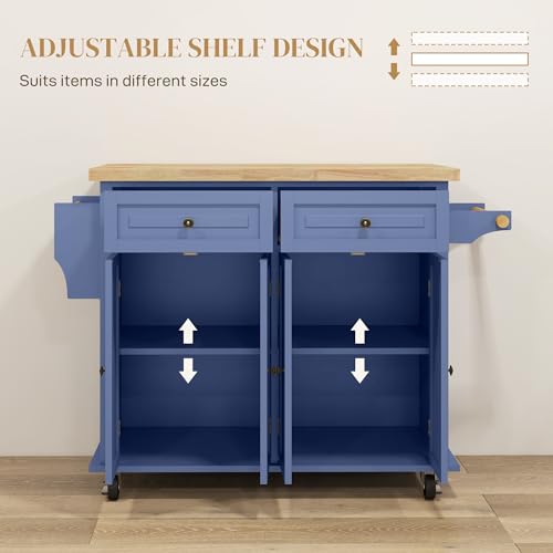 HOMCOM Kitchen Island on Wheels, Rolling Cart with Rubberwood Top, Spice Rack, Towel Rack and Drawers for Dining Room, Navy Blue