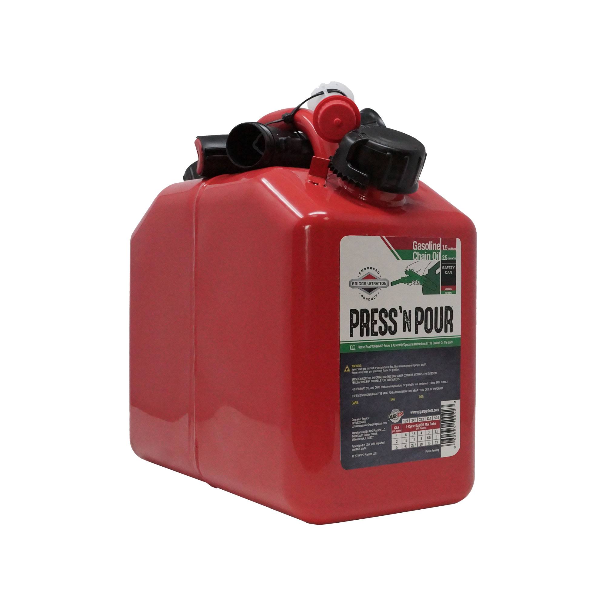 Garage Boss 2 Cans in 1 Press N Pour Metal GAS and Oil Portable Fuel Container, Red