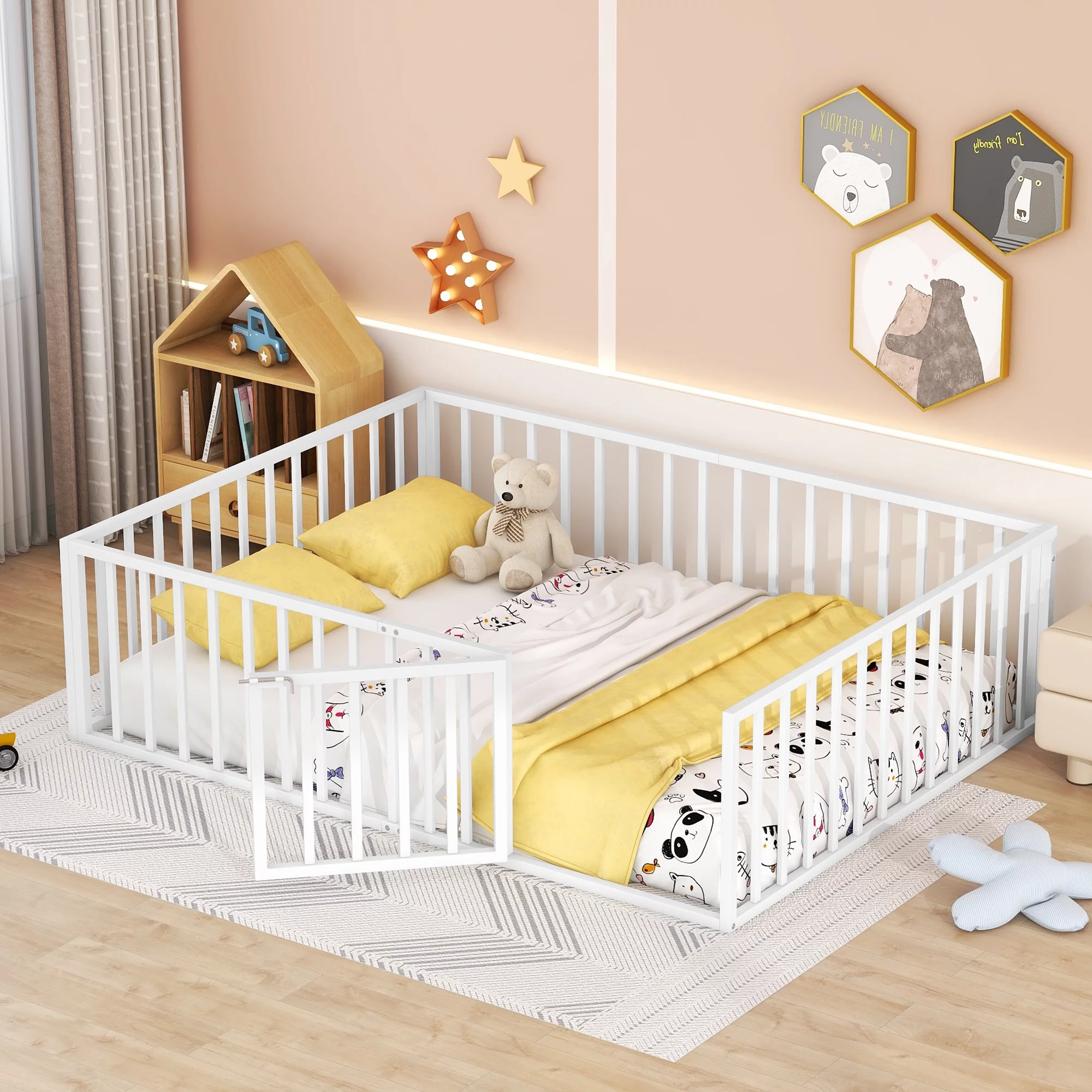 Bellemave Queen Floor Bed with Fence Rails and Lockable Door Queen Metal Floor Bed for Toddler, Child, Boys