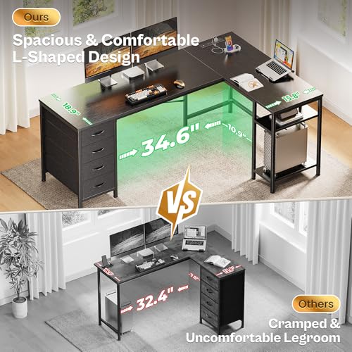 Huuger 63 Inch L Shaped Desk with Fabric Drawers, Reversible Computer Gaming Desk with Power Outlets and USB-C Port, Adjustable Side Storage Shelves