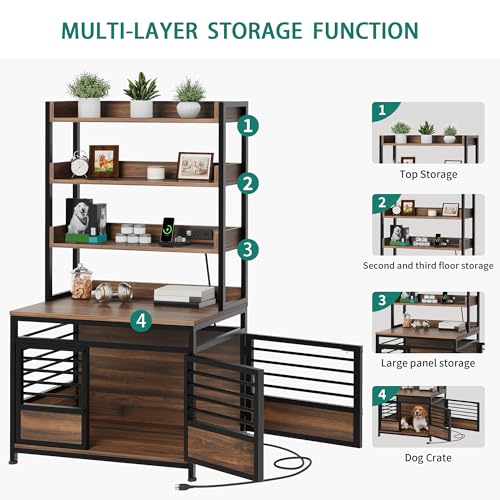YITAHOME 39 Inch Dog Crate Furniture with Storage Shelves, Wooden Dog Crate for Large Dogs with Power Outlets