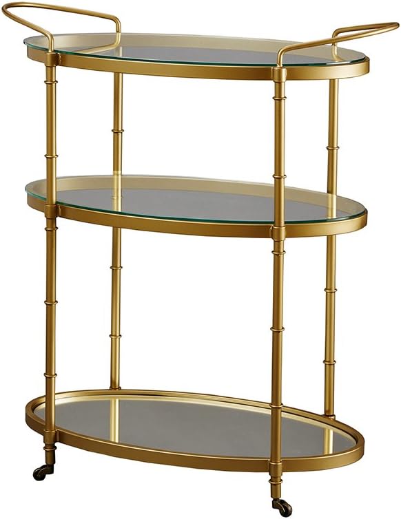 Antique Gold Bar Cart with Glass and Mirror Shelves – Vintage 1930s Inspired Rolling Beverage Serving Cart – 32.25Wx16Dx36H Inches – Low Profile