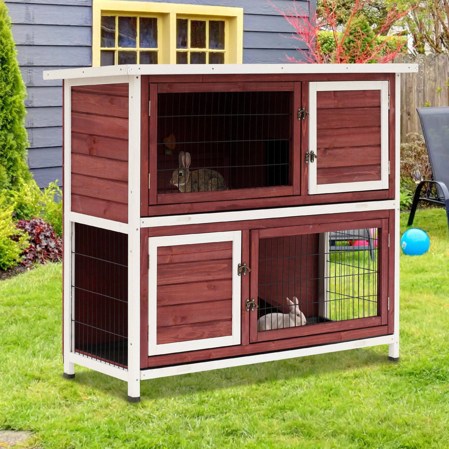 Pawhut 48x22 2 Story Elevated Wooden Rabbit Hutch Yard Bunny Cage w/ Tray u0026 Ramp