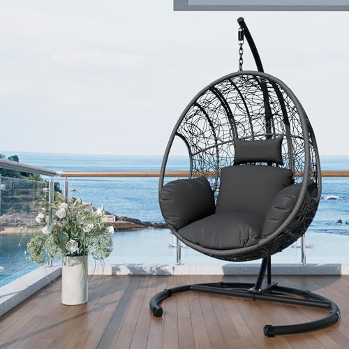 Oversized Hanging Egg Chair Outdoor Indoor, Wicker Swing Egg Chair with Stand 400lbs Capacity for Bedroom, Patio, Garden and Balcony (Beige-nest