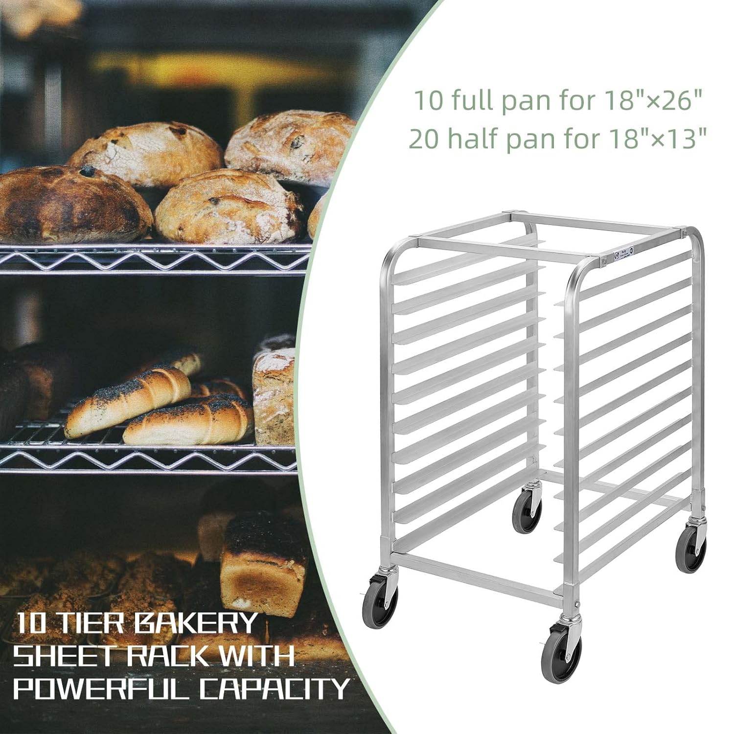 Bun Pan Rack 10 Tier with Wheels, Commercial Bakery Racking of Aluminum for Full & Half Sheet - Kitchen, Restaurant, Cafeteria, Pizzeria