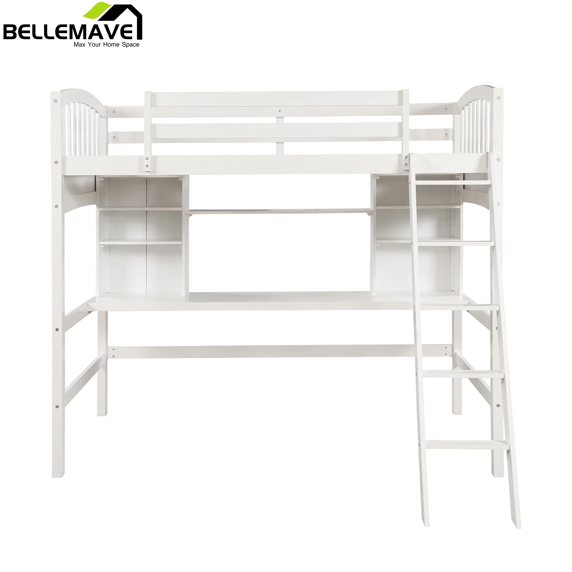 Bellemave Twin Size High Loft Bed with Storage Shelves, Desk and Ladder for Kids Bedroom,Solid Wood Bed frame with Safety Guardrails for Teens