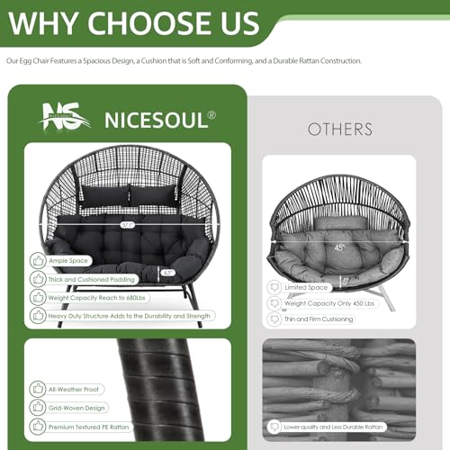 NICESOUL® Double Egg Chair Indoor Outdoor Stationary Oversized Thicken Padded Cushions, 2 Person Egg Loveseat Chair
