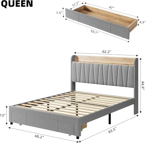 IDEALHOUSE Queen Size Bed Frame with Storage Headboard, Upholstered Platform Beds with Drawers, Charging Station, Noise-Free, No Box Spring Needed