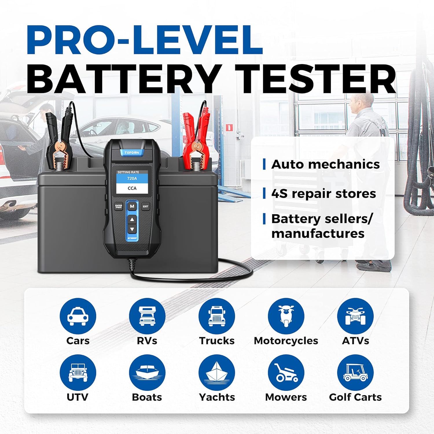Car Battery Tester 12V 24V 100-2000CCA Lead-Acid Battery, TOPDON BT300P Alternator Tester, Load Tester, with Built-in Printer