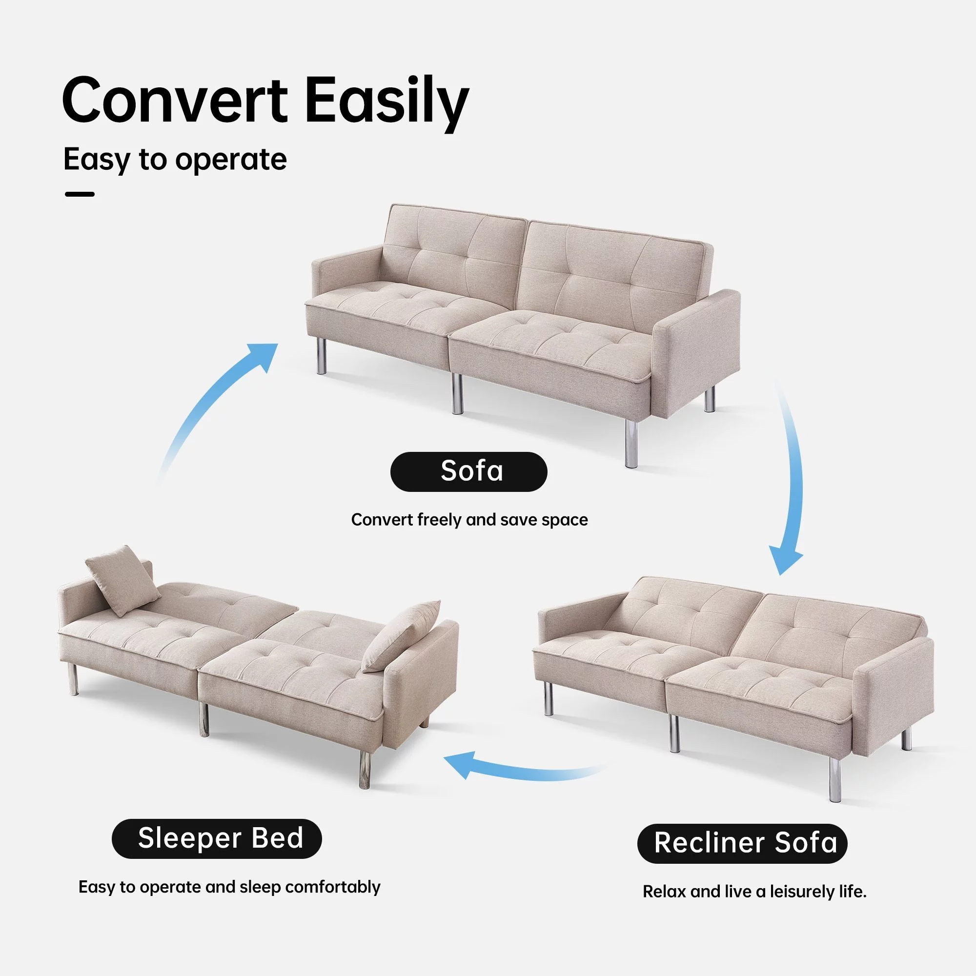 Moootto  84.6 in. Extra Long Modern Tufted Beige Fabric Futon Adjustable Sofa Bed & Folding Daybed Guest Bed, Upholstered Modern Convertible Sofa