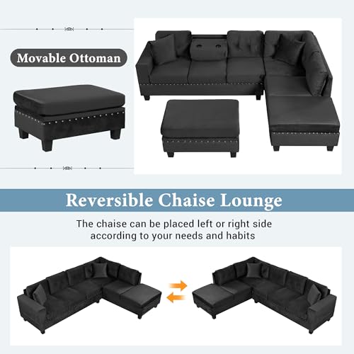 Merax Modern Sectional Sofa with Storage Ottoman, L Shaped Couch with 2 Pillows and 2 Cup Holders