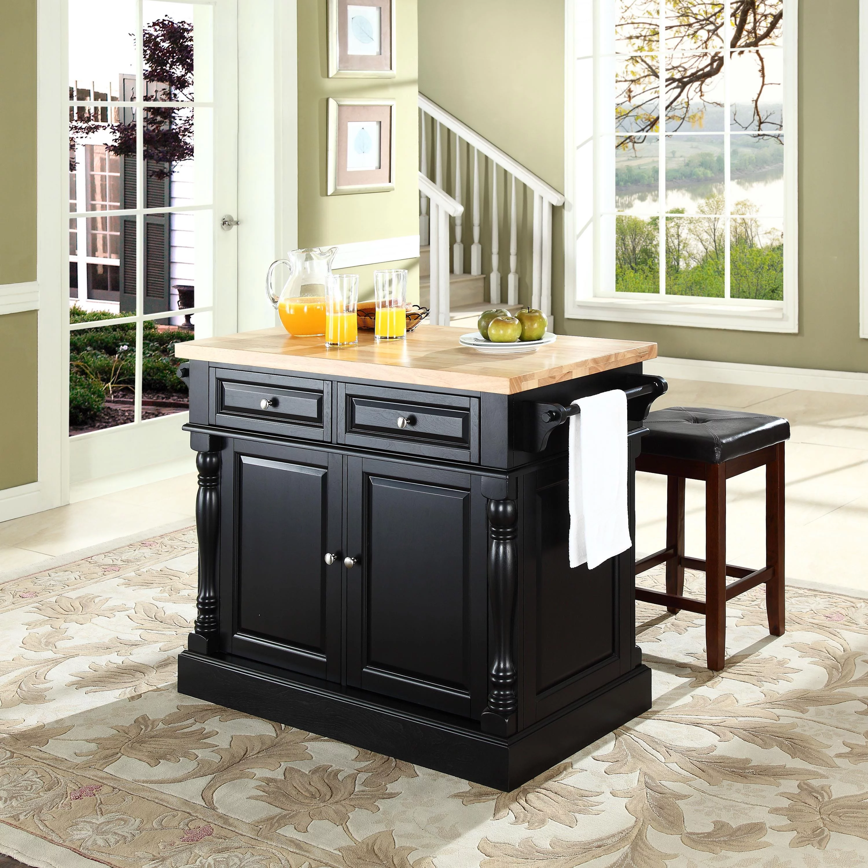 Crosley Furniture Oxford Wood Kitchen Island with Square Stools in Black