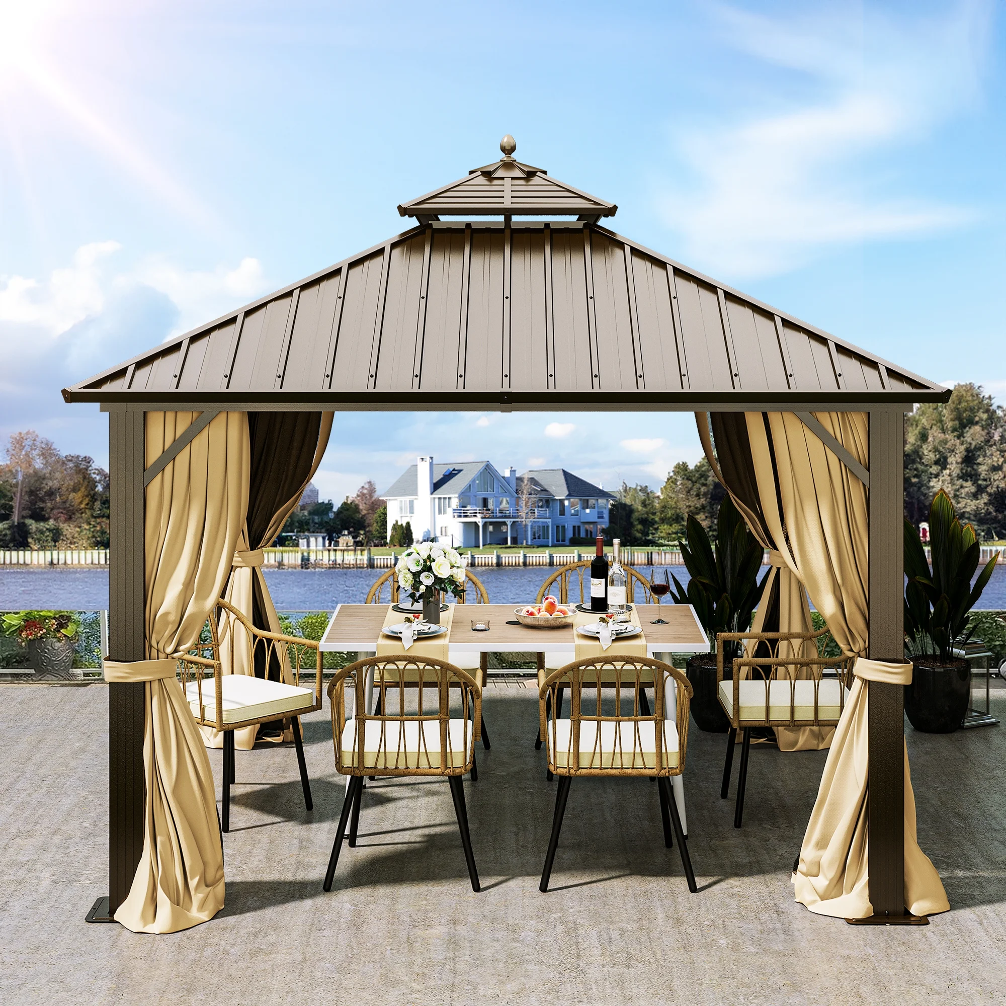 Dextrus 10x10ft Hardtop Gazebo with Nettings and Curtains