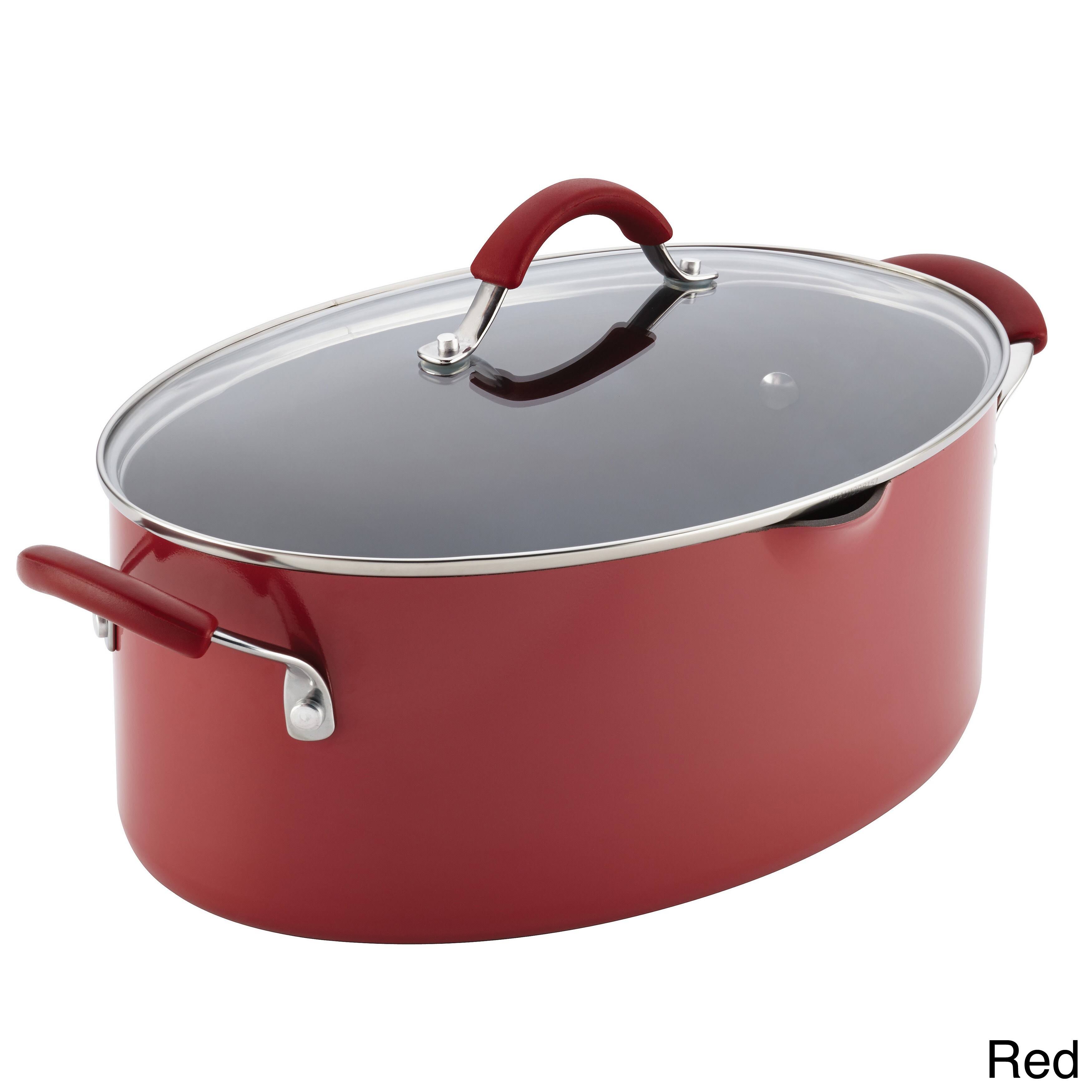 Rachael Ray Cucina Hard Enamel Nonstick 8-Quart Covered Oval Pasta Pot with Pour Spout, Agave Blue