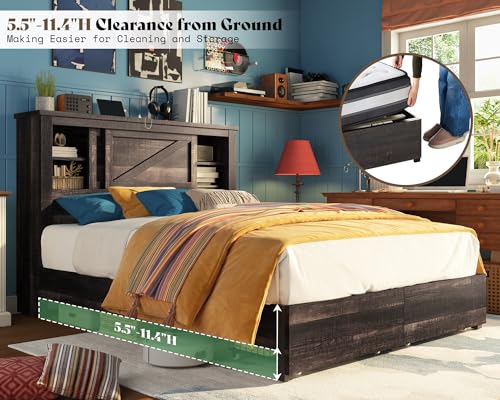 AMERLIFE 47.2" H King Bed Frame with Hidden Space Bookcase Headboard and Charging Station, Beds with 2 Storage Drawers and Wood Slats