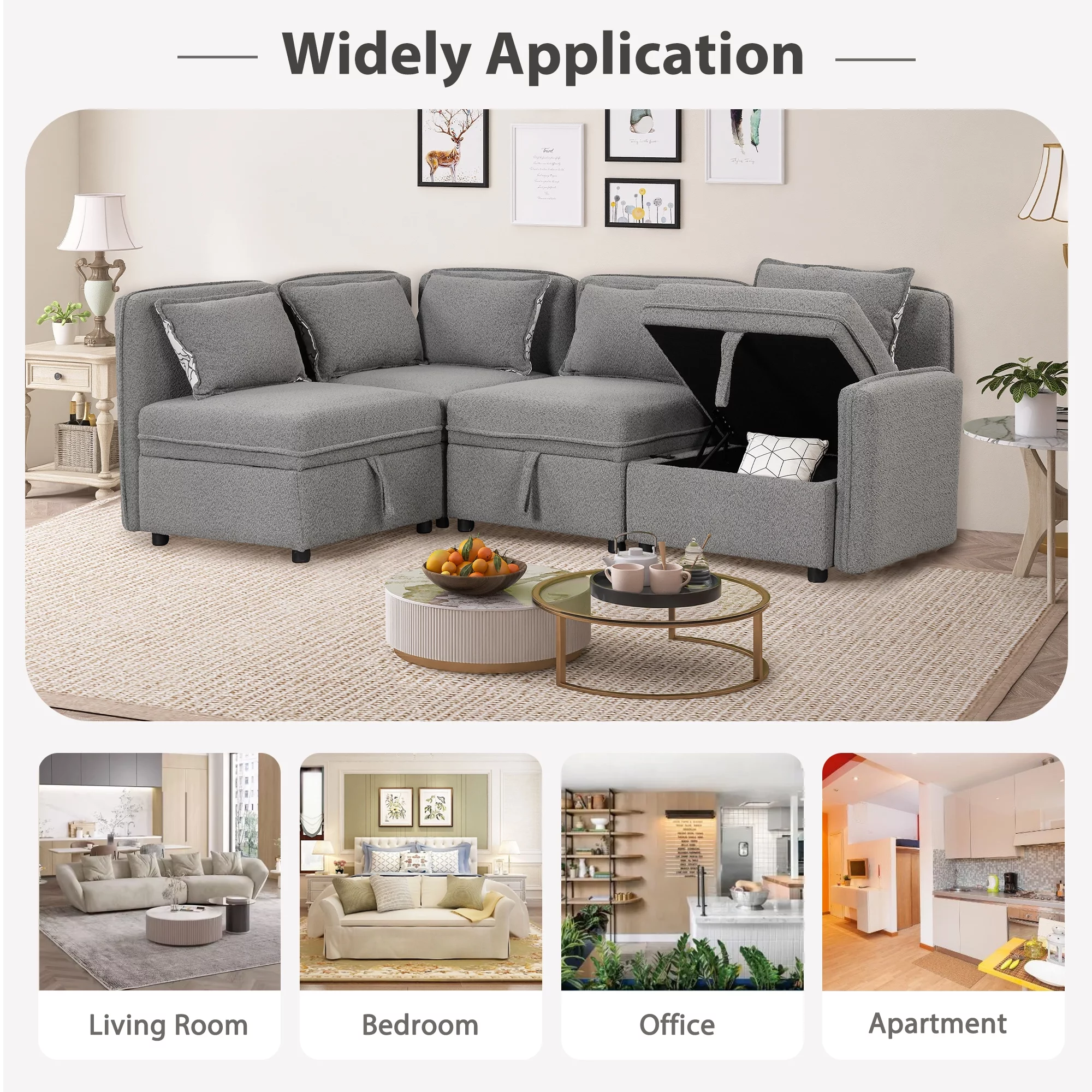122.8" Convertible Modular Minimalist Sofa Free Combination 4 Seater Sofa Chenille Fabric Sectional sofa with 5 Pillows for Living Room, Office
