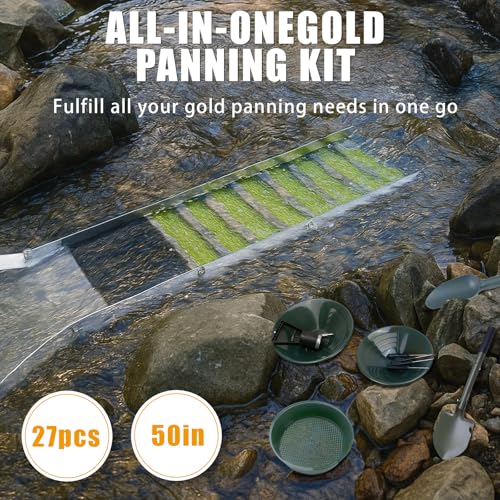 27pcs Complete Gold Panning Kit with 50" Folding Sluice Box, Portable Aluminum Alloy Mining Equipment for Adults, Includes Gold Pan
