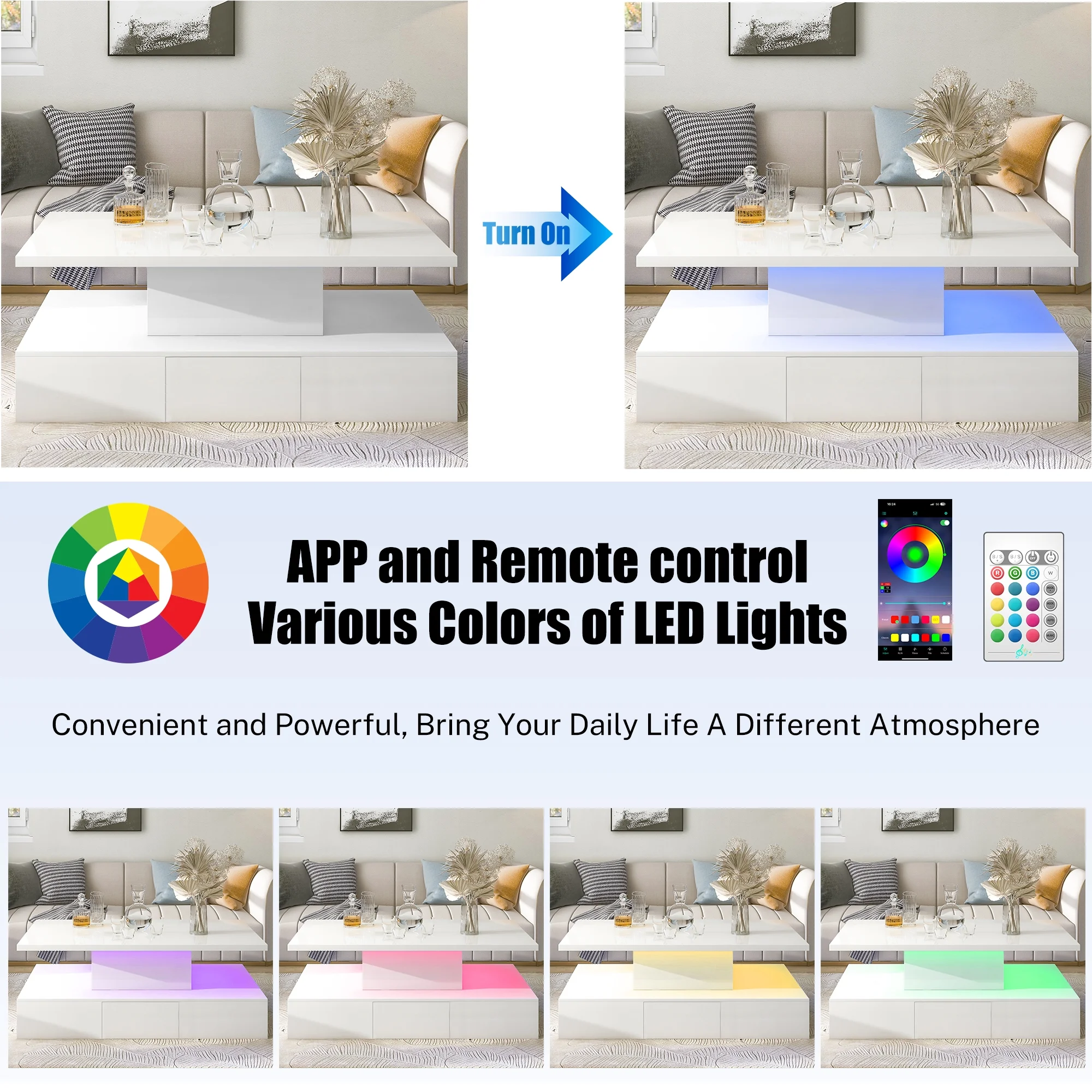HSUNNS White LED Coffee Table for Living Room, Modern High Glossy Center Table with 4 Drawers, Smart Cocktail Table Rectangle
