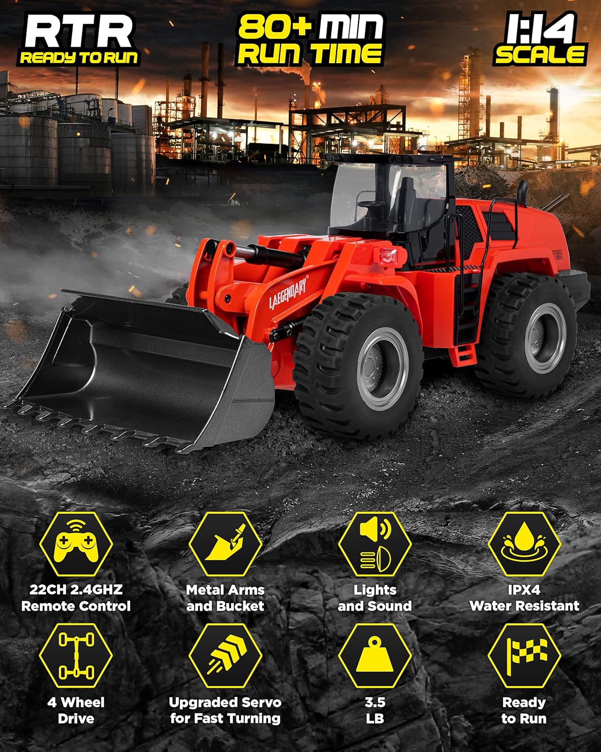 1:14 Scale 22 Channel Full Functional Remote Control Front Loader Construction Tractor, Full Metal Bulldozer Toy - Can Dig up to 3.5Lbs