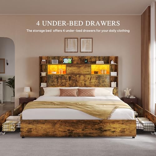 YITAHOME Queen Bed Frame with Bookcase Headboard and 4 Storage Drawers, RGB LED Bed Frame with Type-C & USB Charging Station Storage Headboard Bed