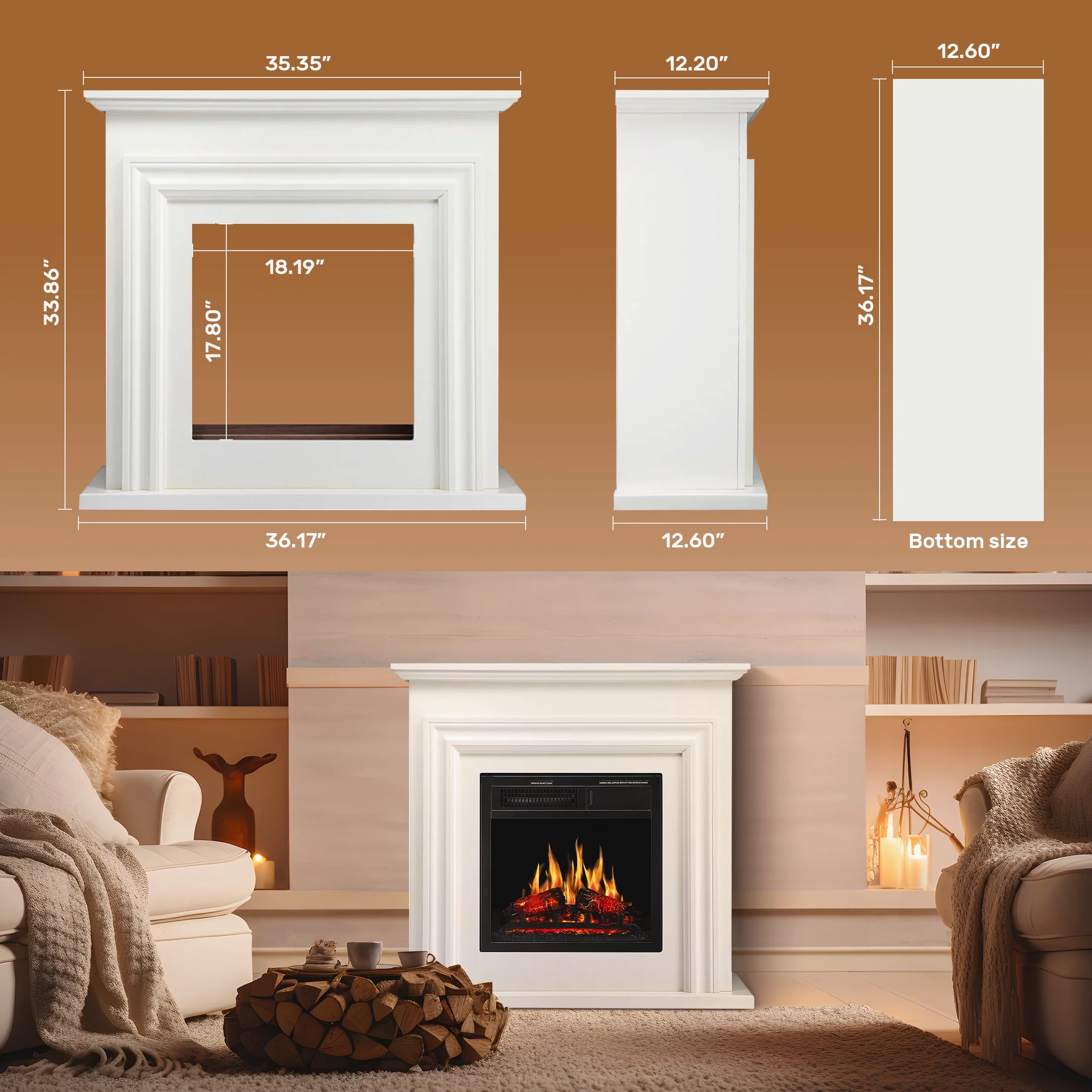 Auseo 36" Freestanding Electric Fireplace with Wood, White Mantel, Remote Control, For Rooms up to 400 Sq.Ft. Adjustable LED Flame & Heating Settings