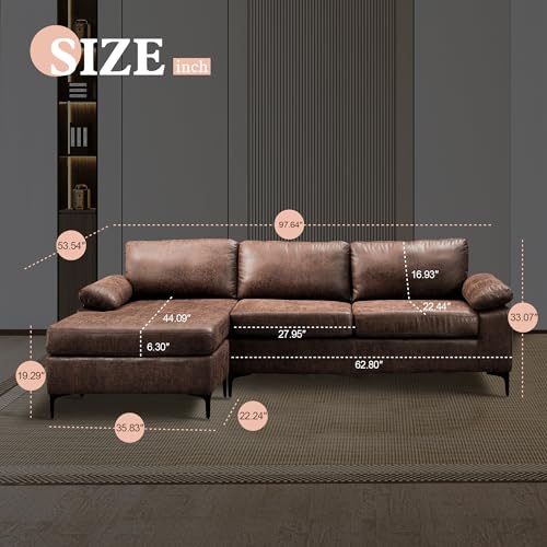ovios 97.6" L Shaped Sofa Couch with Convertible Chaise, Reversible Sectional Sofas, Modern Mid-Century Suede Leather 3-Seat Couches for Living Room