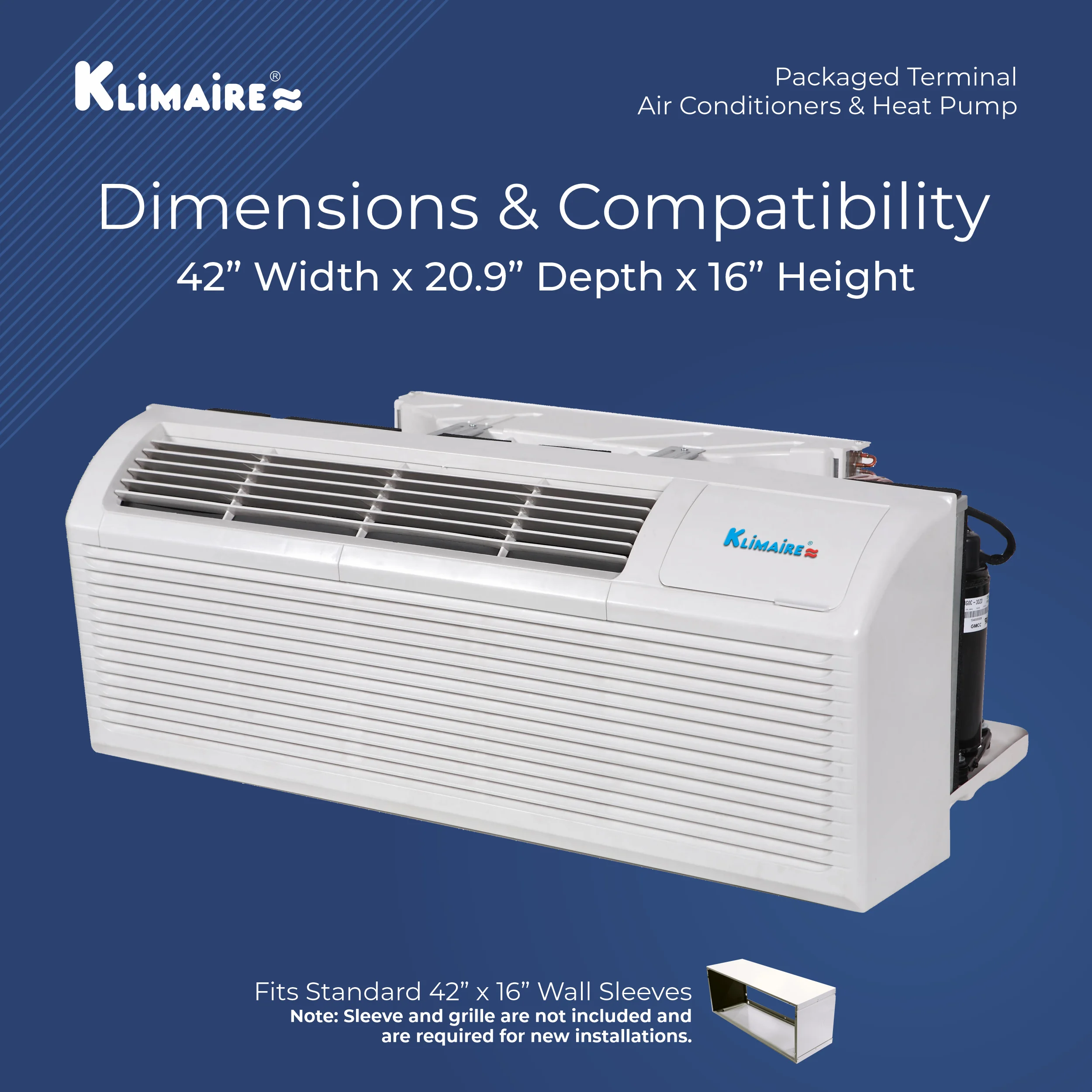 Klimaire PTAC 15,000 Btu Air Conditioner Heat Pump with Remote Control & 5 kW Electric Heater -230V