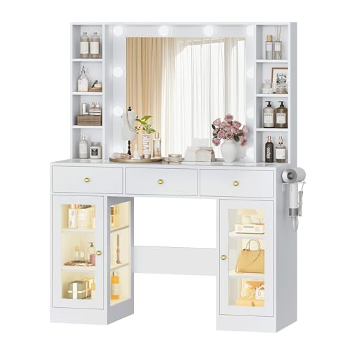 Makeup Vanity Desk with Mirror and Lights, White Vanity with Glass Top, LED Lights & Power Outlet, 3 Drawers & 2 RGB Glass Cabinets