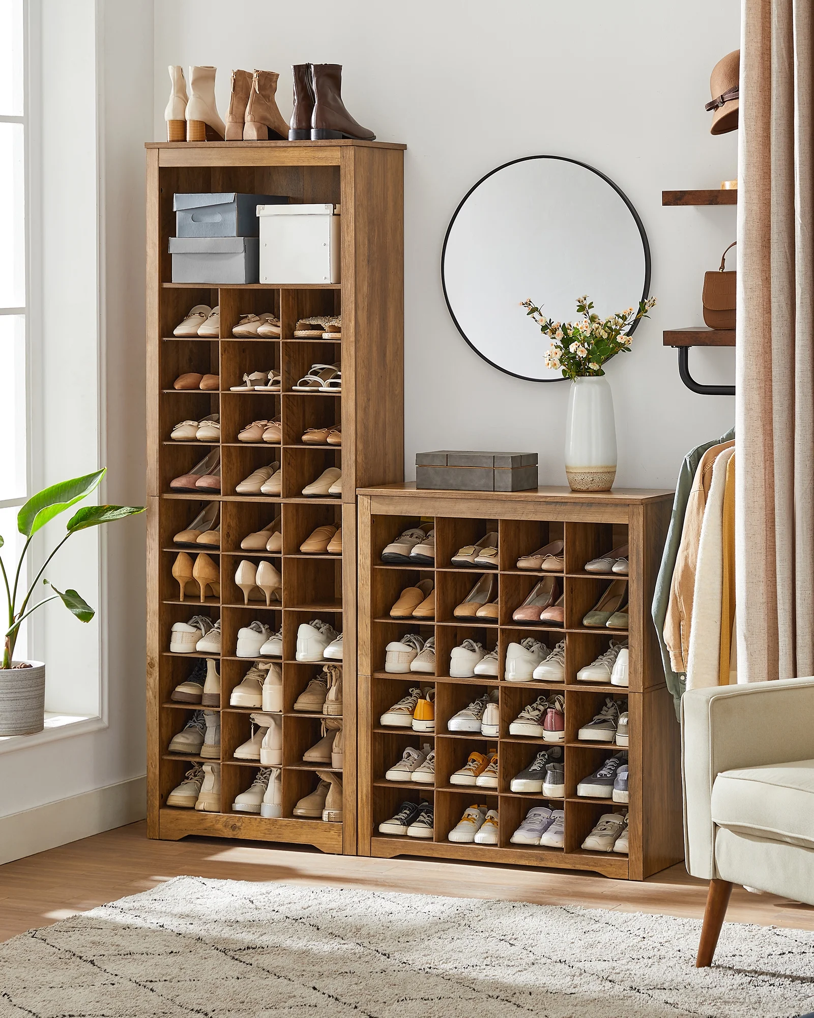 VASAGLE 10-Tier Shoe Storage Cabinet, Holds 30 Pairs, Space-Saving Shoe Rack Organizer - Rustic Walnut