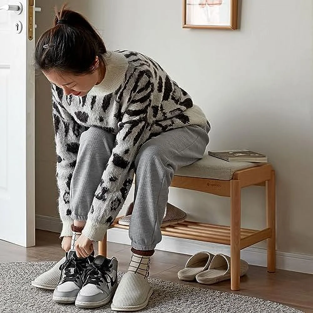 KHBIULIFE Wood Shoe Bench 2-Tier  Bench with Cushion Padded Seat Entryway Bench with Shoe   Small Bench for Entryway Living Room
