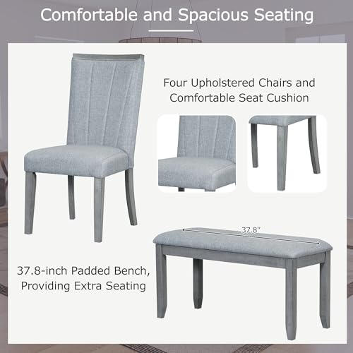 Merax 6-piece Dining Table Set of 4 Upholstered Chairs & 1 Bench Farmhouse Kitchen Furniture Sets with 78inch Extendable Pedestal