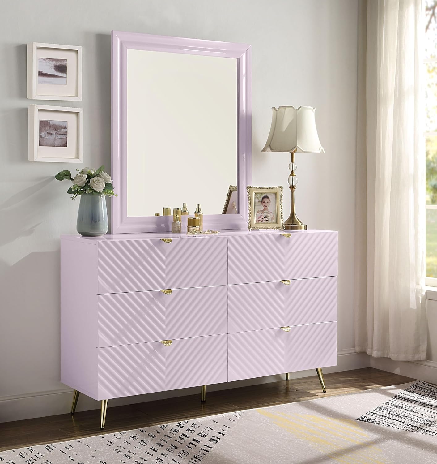 Acme Gaines 6-Drawer Contemporary Wood/Metal Dresser in Pink High Gloss
